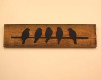 Birds on a Wire Silhouette on Barn Wood 8" x 24"