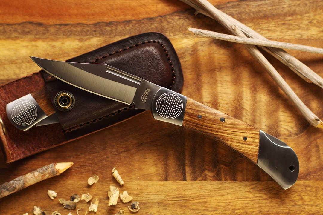 Engraved Pocket Knife with Leather Sheath and Free Gift Bag