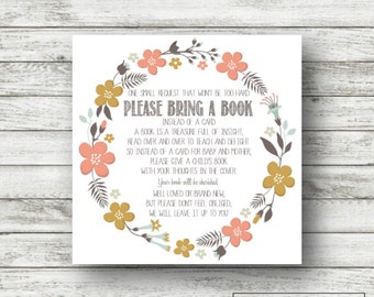Instant Download Baby Shower Invitation Insert, Please bring a book instead of a card, coral floral design