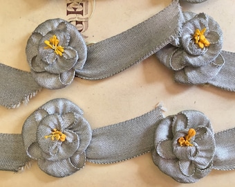 Antique Old Store Stock 1920's Silver Lame Ribbonwork Appliques Ribbon Flower Yellow Stamens Original Card Flapper Boudoir