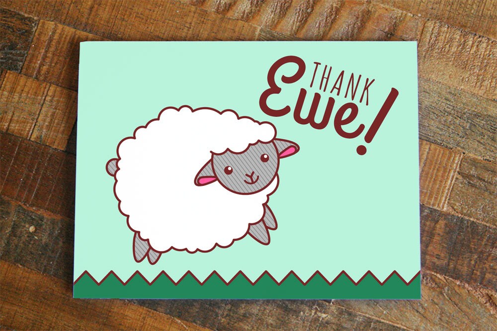 thank ewe thank you card cute sheep art card animal pun
