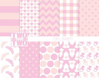 Baby Digital Paper: "BABY GIRL PINK" with Pacifiers, Onesies, Tiaras, Hearts, Stripes, and Polka Dot Patterns for Baby Shower Invitations