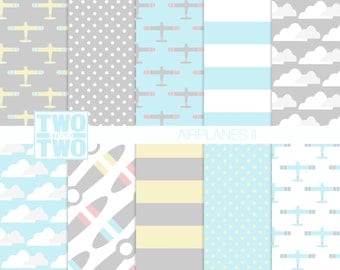 Airplane Digital Paper: "AIRPLANES II" with Clouds and Propellers for Birthday, Baby Shower, Party Invitations, Nursery Art, Kids Room Decor