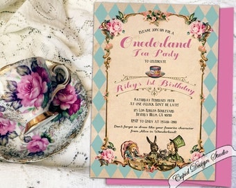 ONEderland first birthday invitation. First Unbirthday invitation. Alice in Onederland invitation. Alice in wonderland tea party invite.