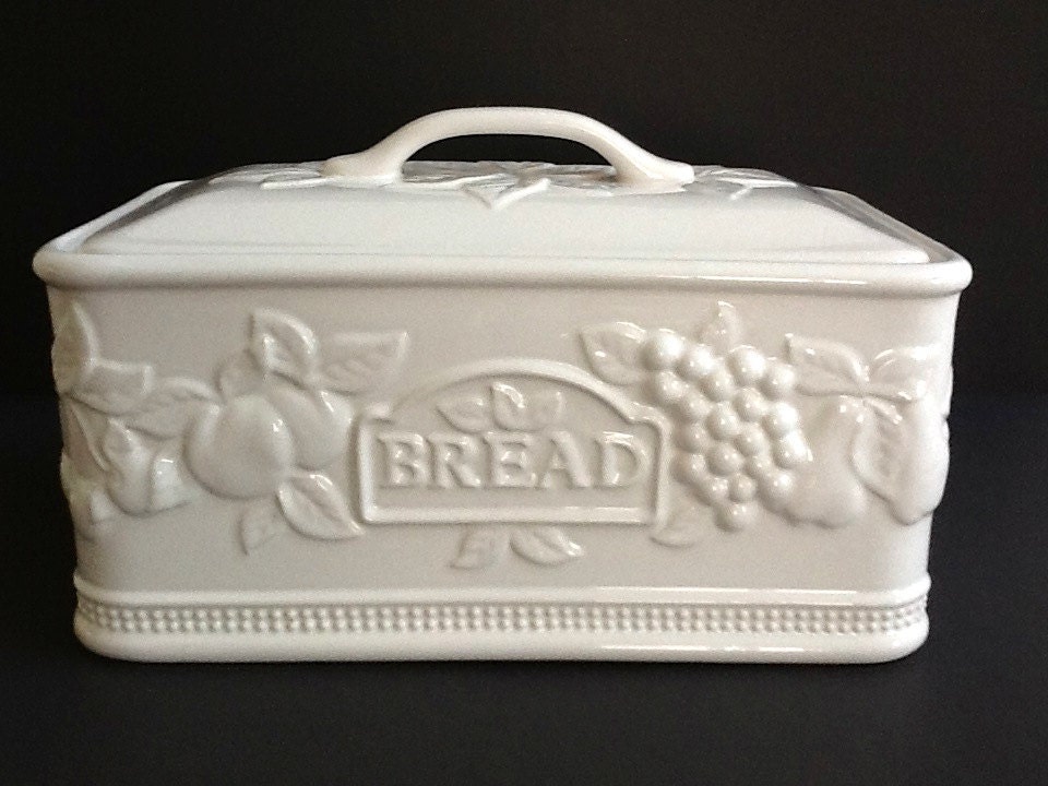 White Ceramic Bread Box Made in Portugal Fruit Motif