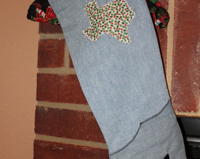 HALF PRICE ** Pair of Shabby Country Chic Upcycled Denim Christmas Stockings. Pocket with Black Candy Cane Print Handkerchief