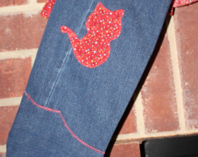 HALF PRICE ** Cat Lover Upcycled Blue Jean Christmas Stocking. Red Calico Cat Profile. Purr-fect Gift for Cat Lover! Holiday Gift Bag