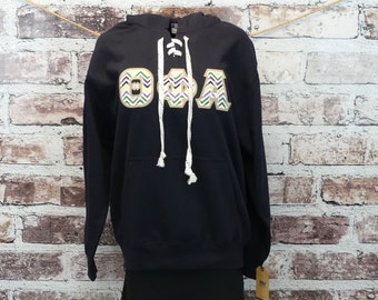 Theta Phi Alpha Medium Navy Vintage Ultra Soft Hockey Hoodie with Mardi Gras Chevron Fabric on Liquid Gold Twill