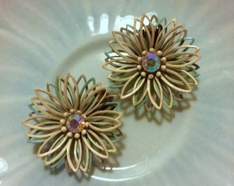 1960s White, Blue and Purple Rhinestone Flower Power Earrings Bride Wedding Bouquet Resale Wholesale