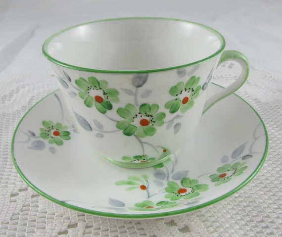 Phoenix China Hand Painted Tea Cup and Saucer with Green