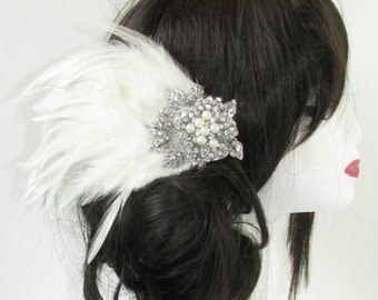 Ivory White Silver Rhinestone Feather Fascinator Headpiece Vintage Flapper Pearl Headdress Dress 1920s Bridal S01