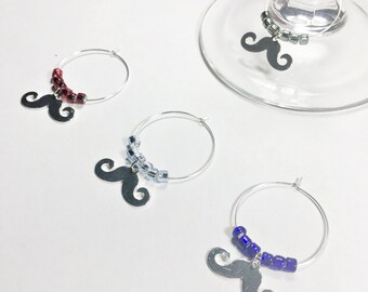 Silver Mustache Party Wine Tags, Silver Handlebar Mustache Wine Charms, Mustache Baby Shower Decorations, Silver Party Favor, Hostess Gift