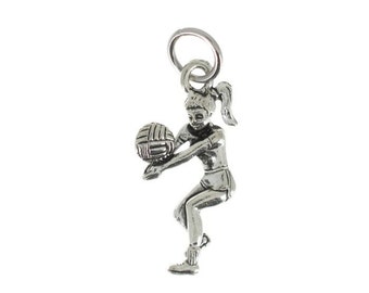 Volleyball girl charm in antique silver or gold plated pewter. Volleyball charm. Volleyball necklace. Volleyball Jewelry.