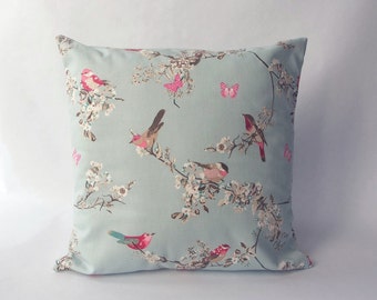 Cushion cover - made with a duck egg blue 100% cotton fabric with birds and butterflies. Sizes 40, 45, 50 cm - 16, 18, 20 inch