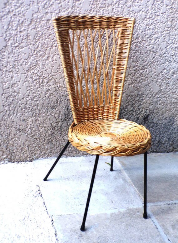 Bamboo rattan chair metal legs vintage 1950 France