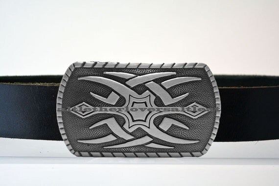 Leather Belt with Maori Tattoo Buckle