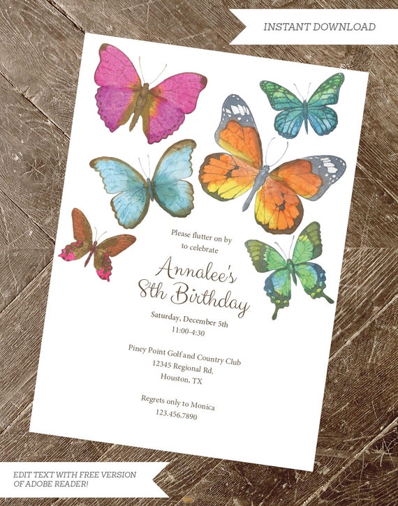 printable butterfly party invitation watercolor butterfly