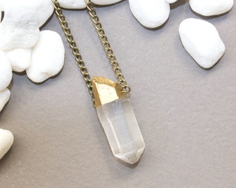 Raw Crystal Necklace, Gold Dipped Crystal Necklace, Crystal Point Necklace, Clear Quartz Necklace, Raw Crystal Jewelry, Unique Gift for Her
