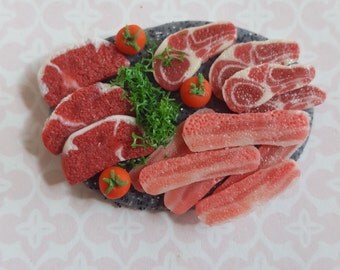 Raw meat platter on a chopping board, miniature steaks, bacon and chops one inch scale, dollhouse miniature food, kitchen food 1/12 scale