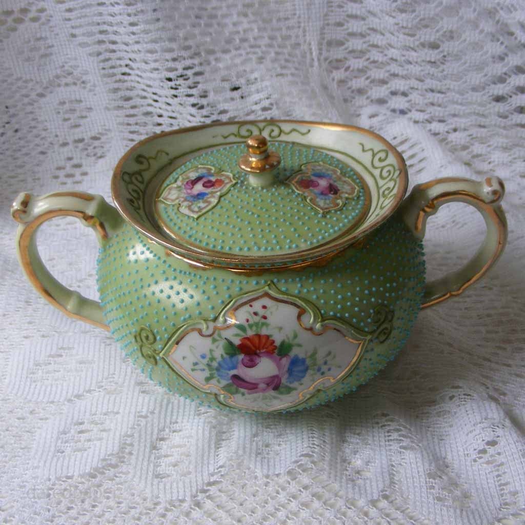 Beautiful Vintage Green Sugar Bowl w Applied Aqua Polka Dots and Hand