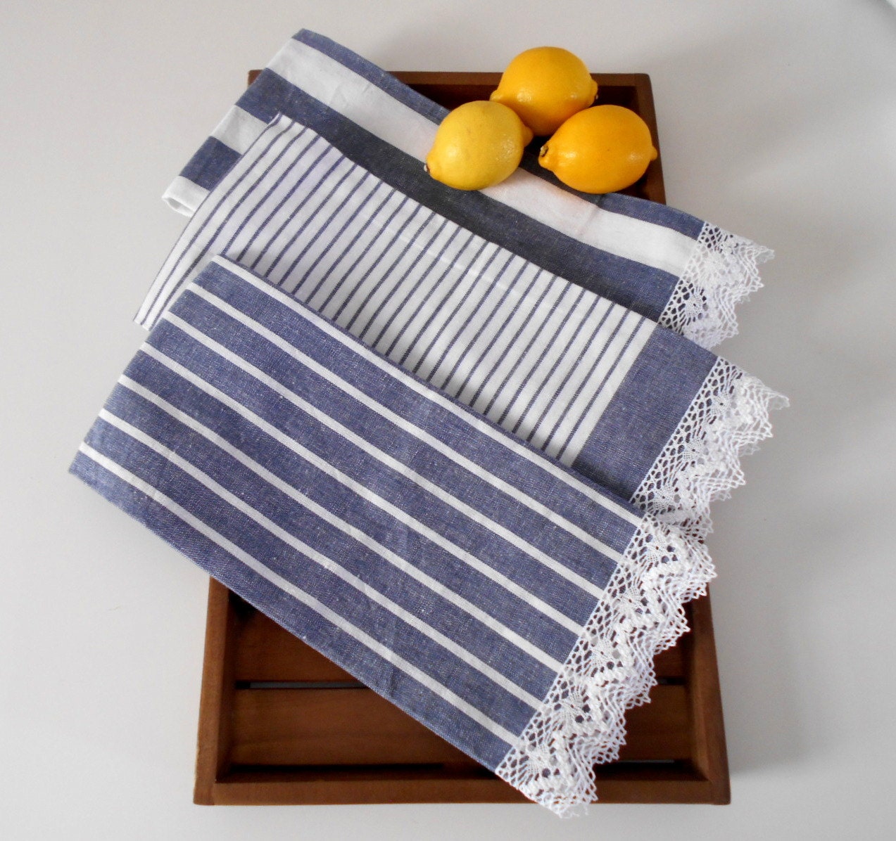 Tea Towels Set of 3 Navy Blue Kitchen Towels by MyLacyBoutique