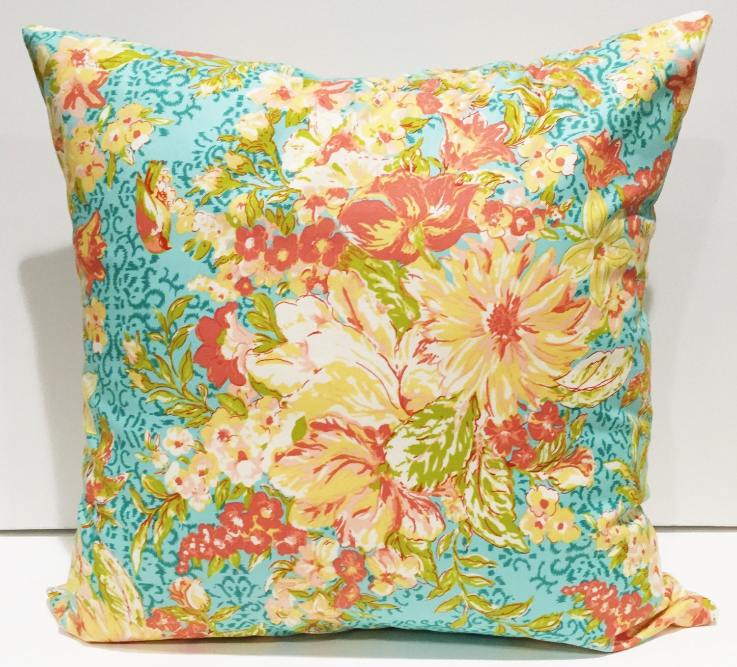 Pillow cover 20x20 Teal yellow rose pink lime Decorative Throw
