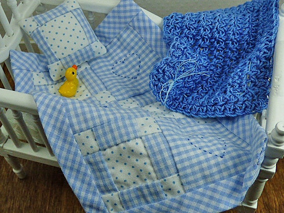 Miniature Dollhouse Blanket Baby Boy Baby Blue Little Blanket Small Pillow Tiny Afghan Inch Scale Shadowbox Accessory Collector Gift Set Fun
