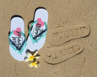 Just Married Imprint Honeymoon / Beach Wedding Flip Flops Slippers Stamp In Sand