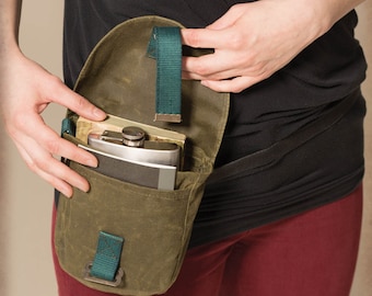 Kaki green waxed canvas hip pouch. Army green fanny pack. U-Lock holster.