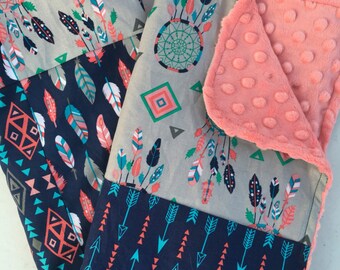 Tribal Girls Baby Blanket, Lovey, Minky Blanket, Nursery Bedding, Native American, Dream Catchers, Arrows, Feathers, Navy, Grey, and Coral