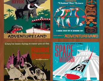 Handmade Ceramic Coasters - Retro Walt Disney World Attraction Poster - Set of 4