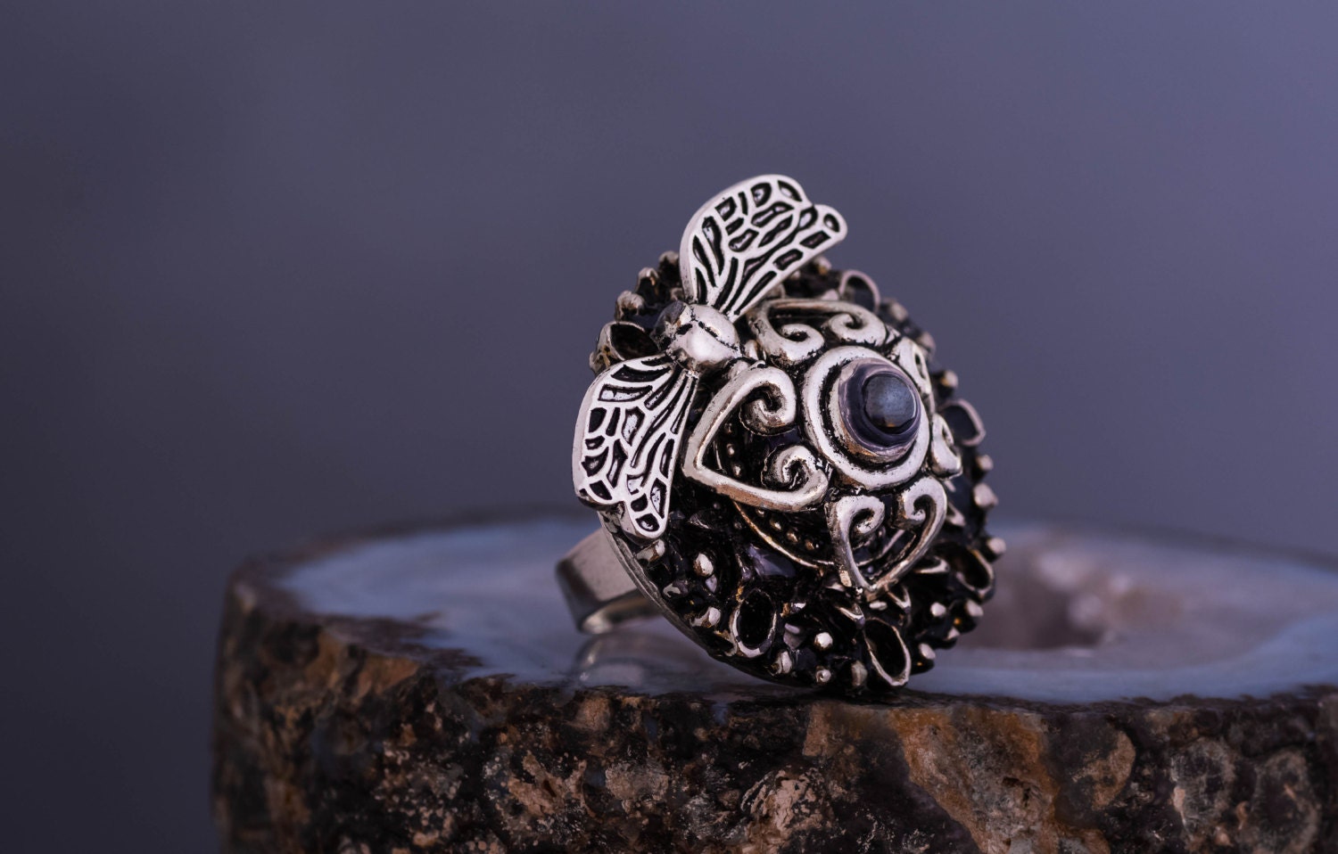 Sterling Silver Hematite Ring Black Gemstone Ring by Nadallina