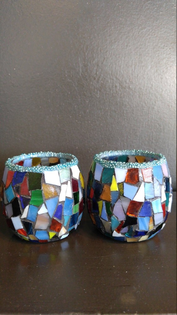 Multi Colored Stained Glass Mosaic Candle Holder Pair Beaded