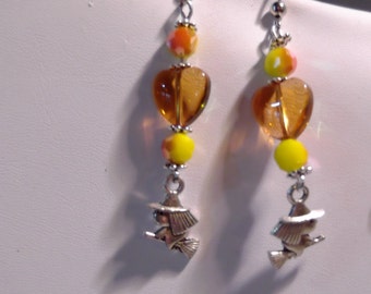 Witch on Broom &glass heart earring