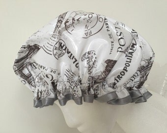Parisienne Vintage Shower Caps-Grey. Eiffel Tower Bath Caps. Fancy Retro Shower Hats. Eco-friendly, Non-allergenic Laminated Cotton.