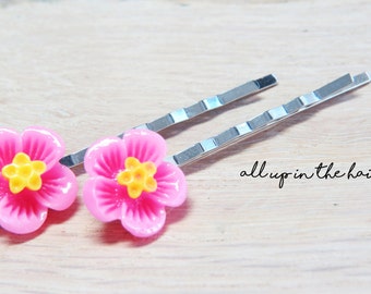 Pink Hibiscus Flower Bobby Pins - Pink Flower Hair Pins