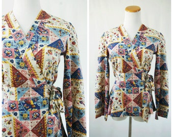 Retro Funky Hippie Wrap Shirt with Bell Sleeves and Bird Patch Print// Boho Bohemian 70's Belted Long Sleeve Blouse