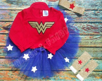 Girl Wonder Woman Halloween Birthday Super Hero Costume with Tutu and Stars Dress Up Headband Cuffs