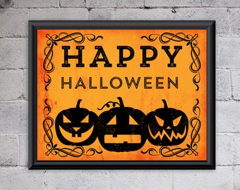 Happy Halloween Printable Art Jack O Lantern Pumpkins Home Decor Art Print Vintage Wall Art 10x8 Instant Download Digital File