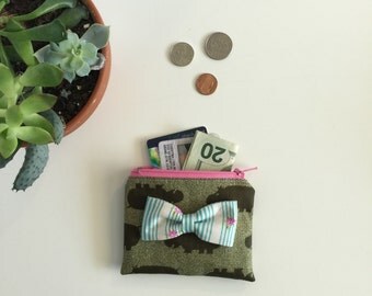Coin purse, Hippo purse, Green hippo change zipper bag, floral Bow, Business card holder, wallet, ID holder #227