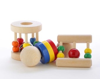 Wooden Baby Rattle Gift Set - Natural Teething Toys - Baby Toys