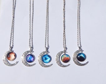 Galaxy Moon Necklace, Galaxy Necklace, Crescent Moon Necklace, Moon Galaxy Necklace, Moon Necklace, Galaxy Pendant, Nebula Necklace, Galaxy