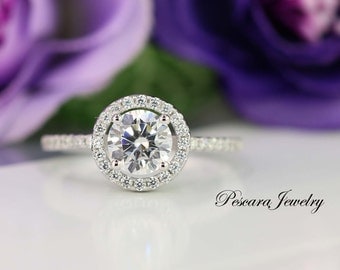 Round Halo Engagement Ring - Halo Ring - Round Cut Ring - Promise Ring - Cubic Zirconia Ring - Sterling Silver - 1 Carat