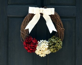 Rustic Christmas Wreath, Holiday Wreath, Mantel Decoration, Red Cream (Off-White) & Green Door Decor, Front Door Wreath for Christmas Decor
