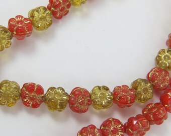 Red Yellow Small Flowers Czech Glass 7mm Opaque Translucent Golden Glaze 6 Petal Pressed One Strand 40 Beads PRE7FL002