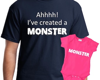 Personalized mens, dad and baby matching shirts, monster shirt, dad gift, father gift, husband gift, daddy and son, daddy daughter shirts
