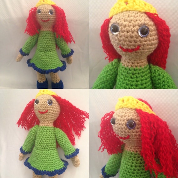 Princess Doll with Red Hair Blue Eyes Green Dress Poseable Arms, Redhead Doll, Handmade Doll, Girl Doll, Soft Yarn Doll 11", Waldorf Doll