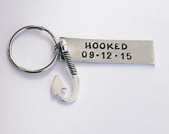 Personalized Hooked Keychain With Date.  Hooked.  Hooked on You. Husband, wife, boyfriend, girlfriend gift, Wedding gift.  Anniversary Gift.