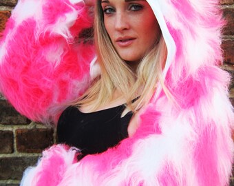 Funki-B ANY COLOURS faux fur fluffy camo bright neon long pile fur hoody jacket top rave clubwear fancydress