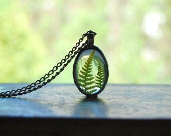 Real FERN necklace, dried fern, terrarium necklace, plant jewelry, old silver jewelry, real dried flower, forest necklace, flower child